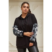 Rmg Kol Kürk Detaylı Büyük Beden Siyah Sweatshirt