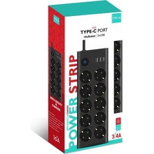 Megamus Termal Akım Korumalı 10'lu Priz, 3 Usb, 1 Type-C Giriş, Isıya Dayanıklı Uzatma Kablolu Priz