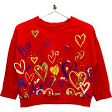 Little Tortoise Kırmızı Kalpler Baskılı Kız Çocuk Sweatshirt