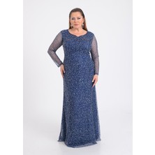 Lilas Xxl Büyük Beden Glitter Baskı Lacivert Renkli Uzun Kollu Uzun Abiye Elbise