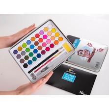 Hobi Market Art Tablet Sulu Boya Seti 36 Renk Metal Kutu + Fırça ve Kağıt Hediyeli