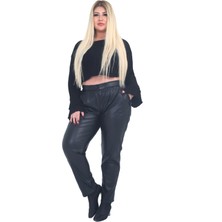 Fierte Kadın Büyük Beden Pantolon Ay8824 Elastik Bel Fermuar Kapama Spor Cep Kadife Iç Kaplama Deri Siyah
