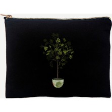 Gedene Zeytin Ağacı Desenli %100 Pamuk Siyah Clutch Çanta