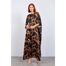 Nomads Felt Ipek Uzun Elbise | Siyah Gold Leopar Desen |