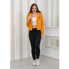 Nuseel Yeni Sezon Peluş Kıvırcık Crop Kapşonlu Mont Hardal
