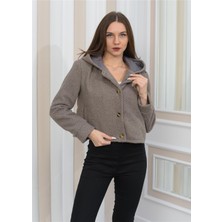 Nuseel Yeni Sezon Peluş Kıvırcık Crop Kapşonlu Mont Gri