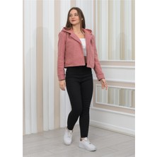 Nuseel Yeni Sezon Peluş Kıvırcık Crop  Kapşonlu Mont Pudra