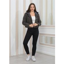 Nuseel Yeni Sezon Peluş Kıvırcık Crop  Kapşonlu Mont Antrasit