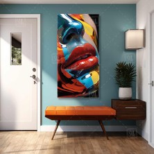 SML Tablo Kırmızı Rujlu Kadın Dudağı Lips Color Make Up Boyuna Dikey Kanvas Tablo