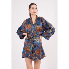 Nomads Felt Saf Ipek Kısa Kimono Kaftan | Mandala Desen 1 Mavi | Nomads Felt
