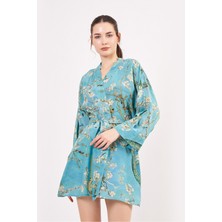 Nomads Felt Saf Ipek Kısa Kimono Kaftan | Van Gogh Badem Ağacı Turkuaz | Nomads Felt