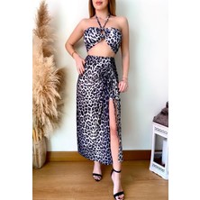 Leopar Crop  Etekli Takım - Siyah Beyaz