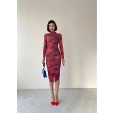 Concon Moda Dalya Midi Desenli Streç Elbise