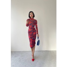 Concon Moda Dalya Midi Desenli Streç Elbise