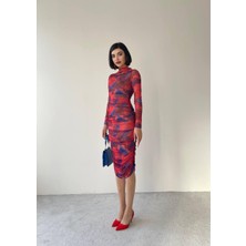 Concon Moda Dalya Midi Desenli Streç Elbise