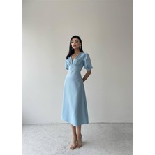 Concon Moda Mavi Linda Önü Düğmeli Midi Elbise