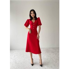 Concon Moda Kırmızı Linda Önü Düğmeli Midi Elbise