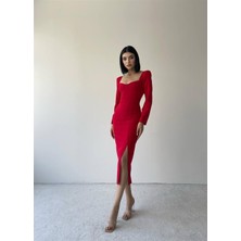 Concon Moda Clara Kalp Yaka Uzun Kol Midi Boy Elbise Kırmızı