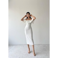 Concon Moda Amour Midi Boy Fırfır Elbise Beyaz