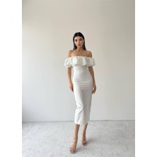 Concon Moda Amour Midi Boy Fırfır Elbise Beyaz