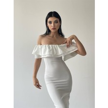 Concon Moda Amour Midi Boy Fırfır Elbise Beyaz