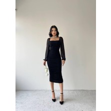 Concon Moda Sildane Drapeli Tül Kol Elbise Siyah