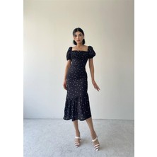 Concon Moda Mislina Balon Kol Nokta Desen Siyah Elbise