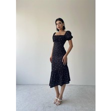 Concon Moda Mislina Balon Kol Nokta Desen Siyah Elbise