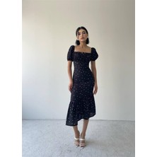 Concon Moda Mislina Balon Kol Nokta Desen Siyah Elbise