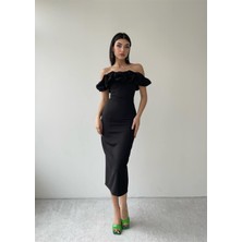 Concon Moda Midi Atlas Elbise Siyah -00012