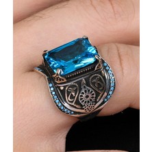 Prestige Gümüş Aquamarine Taşlı Turkuaz Taş Süslemeli 925 Ayar Gümüş Erkek Yüzüğü