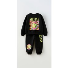 Lolli Boom Kids  Yeni Sezon Nirvana Alt Üst Takım Siyah Renk Üzeri Baskılı