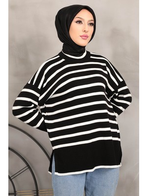 İmaj Butik Siyah Çizgili Triko Kazak