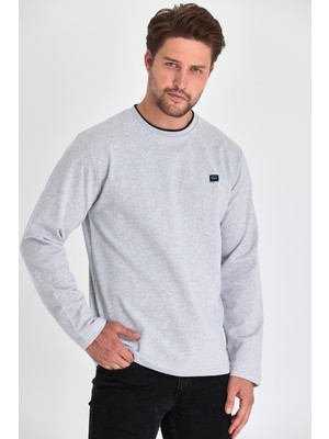 Mmetalic Erkek Gri Çift Bisiklet Yaka Baskı Detaylı Standart Rahat Kesim Sweatshirt