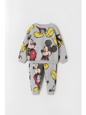 Unisex Çocuk Mickey Mouse Baskılı 3 İplik Şardonsuz Sweat ve Eşofman Alt Üst Takım Dar Kalıp