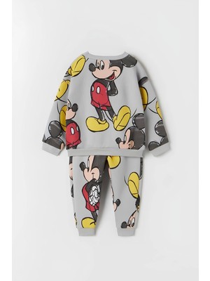 Unisex Çocuk Mickey Mouse Baskılı 3 İplik Şardonsuz Sweat ve Eşofman Alt Üst Takım Dar Kalıp