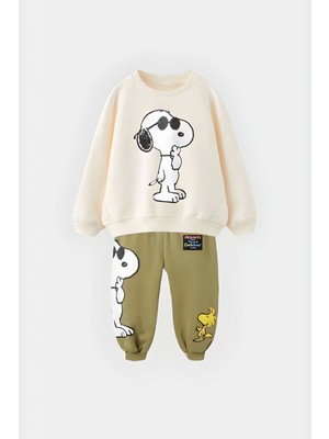 NSE Collection Çocuk Snoopy Baskılı Haki Pamuklu Kışlık Sweat ve Eşofman Alt Üst Takım