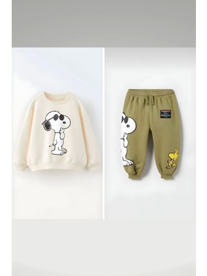 NSE Collection Çocuk Snoopy Baskılı Haki Pamuklu Kışlık Sweat ve Eşofman Alt Üst Takım