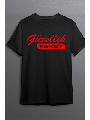 Çelik Auto Güzellik Paket Baskılı Pamuklu Likralı T Shirt Kırmızı Yazılı Siyah Clk 27