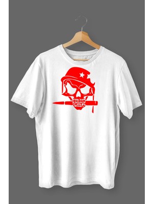 Çelik Auto Kurukafa Baskılı Pamuklu Likralı T Shirt Kırmızı Desenli Beyaz CLK 124