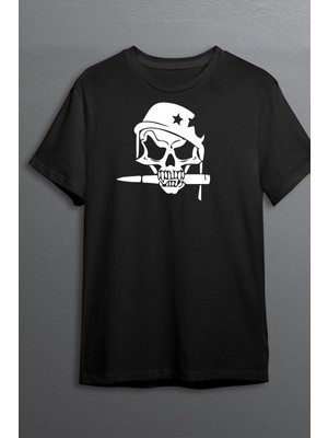 Çelik Auto Kurukafa Baskılı Pamuklu Likralı T Shirt Beyaz Desenli Siyah Clk 78