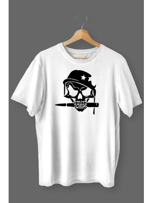 Çelik Auto Kurukafa Baskılı Pamuklu Likralı T Shirt Siyah Desenli Beyaz CLK 147