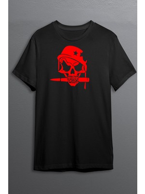 Çelik Auto Kurukafa Baskılı Pamuklu Likralı T Shirt Kırmızı Desenli Siyah Clk 39