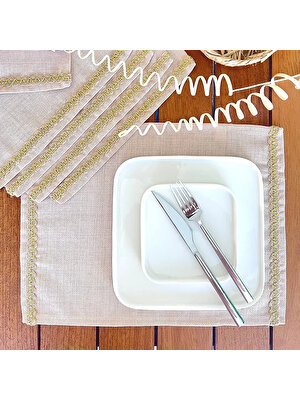 Desenİzmir Linen Keten, Jüt Dokulu, Gold Simli Şeritli, Bej Renk , Amerikan Servis