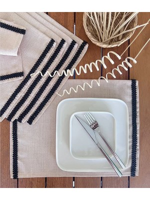 Desenİzmir Linen Keten, Jüt Dokulu, Siyah Şeritli, Bej Renk , Amerikan Servis