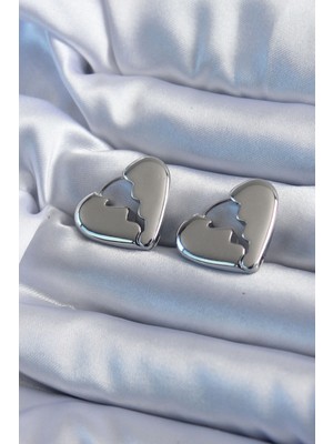 Stil Love Gümüş Renk Kırık Kalp Model Pirinç Kadın Küpe