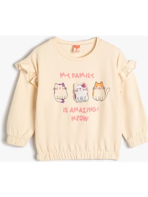 Koton Sweatshirt Uzun Kollu Bisiklet Yaka Aplike Detaylı Fırfırlı Pamuklu