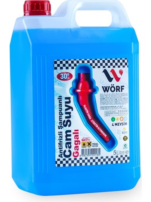 WÖRF Şampuanlı Antifrizli Cam Suyu 5 L -30°C , Gagalı Kolay Döküm Bidon, Araç Cam Temizleyici