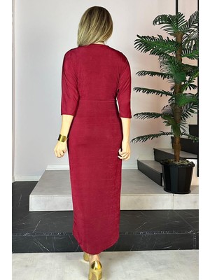 Ges Moda G0526 Drape Detaylı V Yaka Tasarım Elbise Bordo