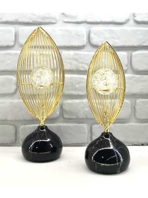 365gunserisonu Siyah Mermer Desen Metal Ayaklı Gold Yaprak Model Baloncuk Camlı 2'li Ev Aksesuar Dekor Biblo Obje